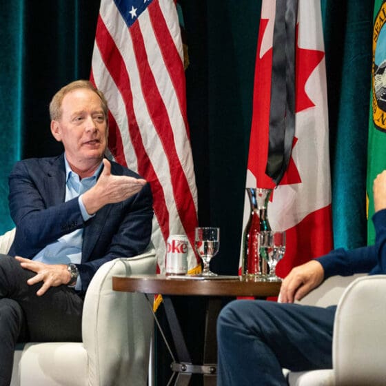 Microsoft President Brad Smith and Bill Gates discuss climate topics in a keynote session at the 2022 annual conference.