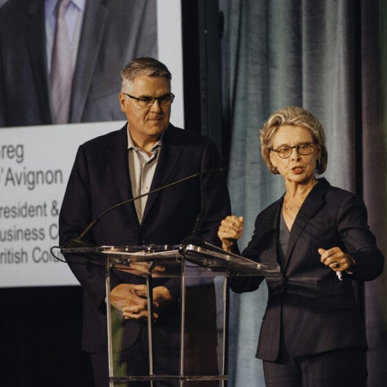 Former Washington State Governor Chris Gregoire, CEO of Challenge Seattle, and Greg D'Avignon, President and CEO of the Business Council of British Columbia, give opening remarks at the 2019 annual conference.