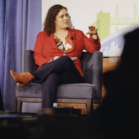 Emily Parkhurst, Publisher and Market President of the Puget Sound Business Journal, facilitates a panel on the media perspective on Cascadia at the 2019 annual conference.
